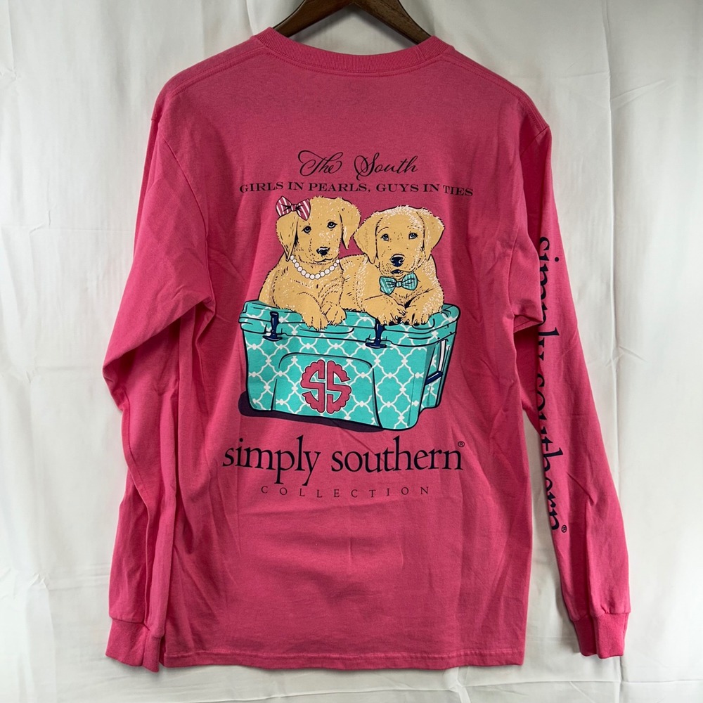 Simply Southern Long Sleeve T-Shirt Women Medium Pink Golden Retriever Puppy NWT